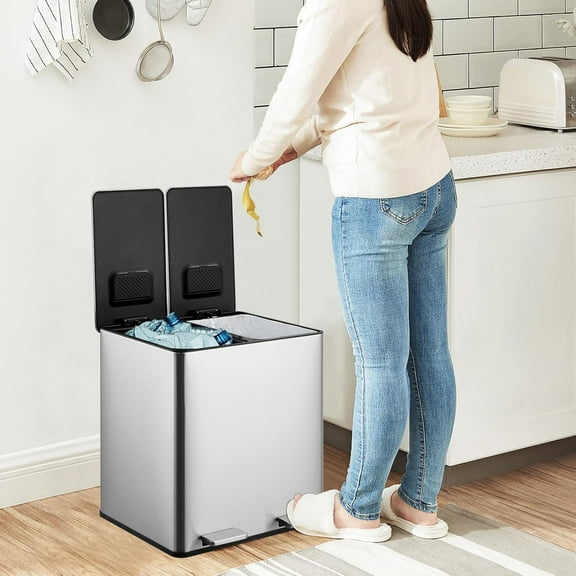 HELLONE Dual Trash Can, 2x4 Gallon (2x15L) Stainless Steel Step Trash Can, Rectangular Garbage Can for Kitchen, Office with 2 Removable Inner Buckets, Soft-Close Lid