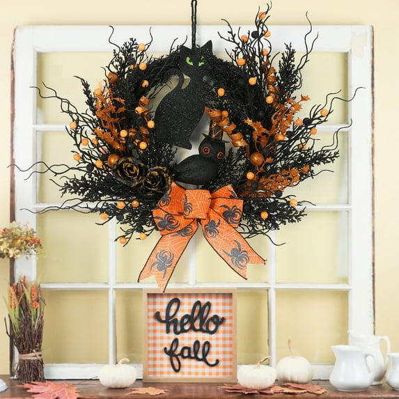 HELLONE Halloween Wreath for Front Door, 22 Inch Halloween Wreath Decoration with Black Cat, Owl, Berries, Bow, Home Decor for Indoor Outdoor Wall Window Fall