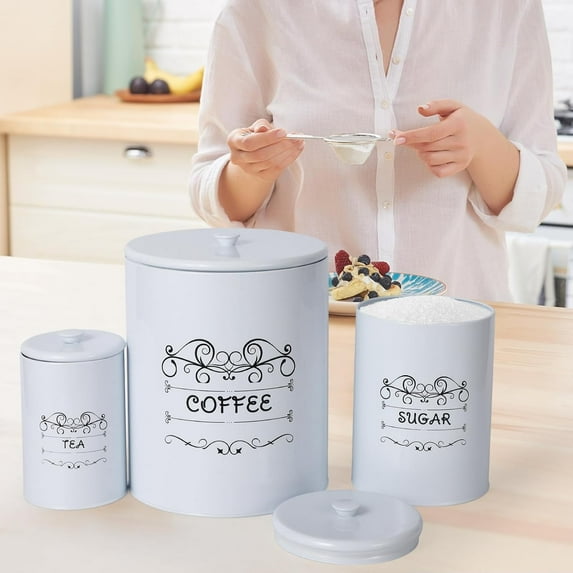 HELLONE Kitchen Canisters Set of 3, 473 ounces Airtight Vintage Food Storage Jars with Lids for Farmhouse Kitchen Decor, Rustic White Canisters for Coffee, Sugar, Tea