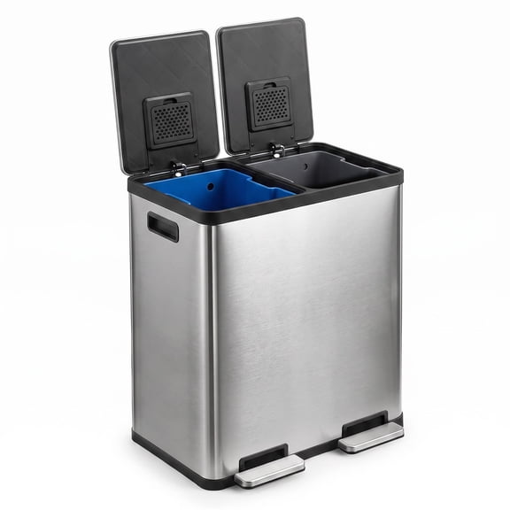 HELLONE Kitchen Trash Can, 16 Gallon Stainless Steel Dual Compartment Garbage Bin, Silver