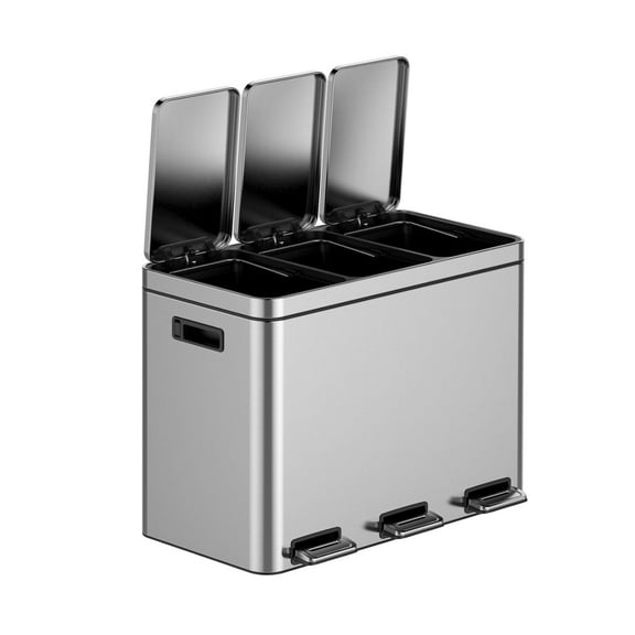 HELLONE Kitchen Trash Can, 3x4 Gallon Garbage Can, Stainless Steel Waste Bins for Recycling and Trash, 2 Compartments with Removable Inner Buckets, Step On Pedal, Quite-Close Lid, Silver