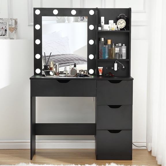 HELLONE Makeup Vanity Table with Lighted Mirror, Makeup Vanity Desk with Storage Shelf and 4 Drawers, Bedroom Dressing Table, Black