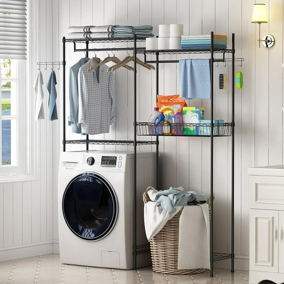 HELLONE Over Washer and Dryer Shelves, 57.4" W Laundry Room Clothes Drying Rack, Height Adjustable Towel Racks with Hamper and Hooks, Space Saving Laundry Room Organization and Storage