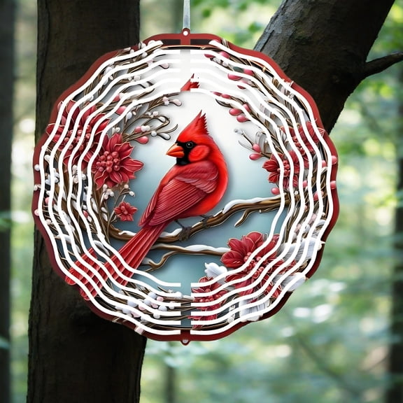 HELLOYOUNG 10.3- Inch  Iron Red Cardinal Wind Chime  Pine Branches & Flower Design Eco-Friendly Metal Ideal Nature-Inspired Decor for Garden/Patio