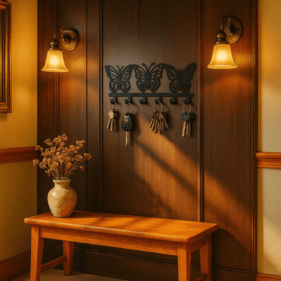 HELLOYOUNG 10.6 Inch Butterfly Iron Painting Key Storage Rack 7 Key Holder Entryway Organization Sturdy Hooks Sleek Metal Wall Organizer Perfect for Living Room Bedroom Storage Coat Hooks