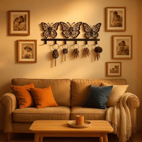 HELLOYOUNG 10.6 Inch Modern Butterfly Iron Painting Wall Organizer 7 Key Holder 3 Butterfly Decor Wall-Mounted Key & Accessory Organizer Perfect for Living Room Office Enhance Luxury & Organize