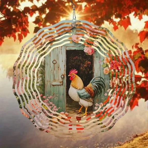 HELLOYOUNG 10 Inch Farm Rooster Floral Wind Spinner Hanging Wind Chime Yard Garden Outdoor Decor