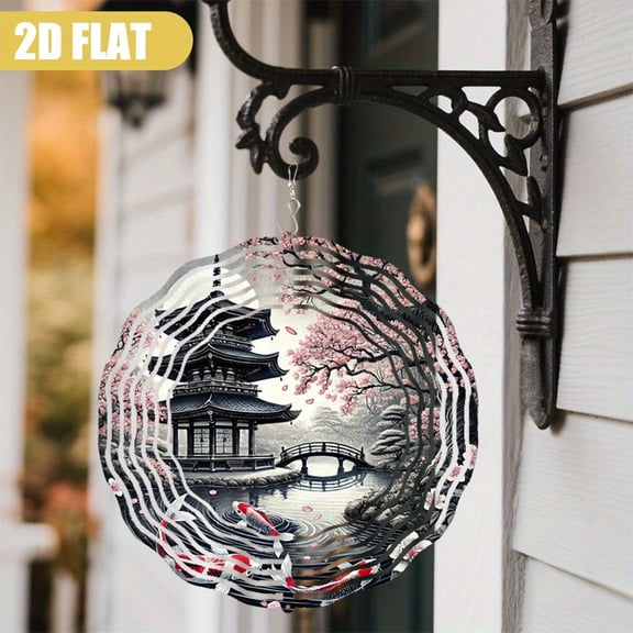 HELLOYOUNG 10 Inch Flat Iron Wind Chimes Koi Fish Design, 2D Japanese Garden Spinner with Cherry Blossom Pagoda, 360 Degree Rotating Wind Bells for Outdoor Porch Terrace Decor, Valentine's Day Gift