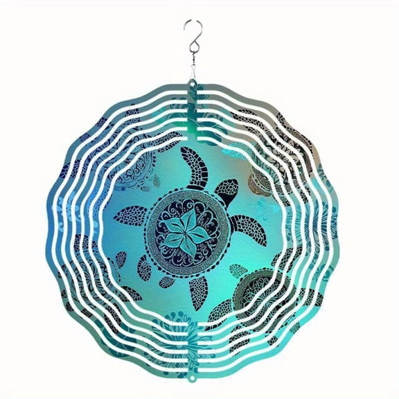 HELLOYOUNG 10 Inch Hanging Sea Turtle Wind Spinner Metal Garden Decor Blue Green Leaf Flower Design Outdoor Wind Chime for Spring Summer Fall Gift