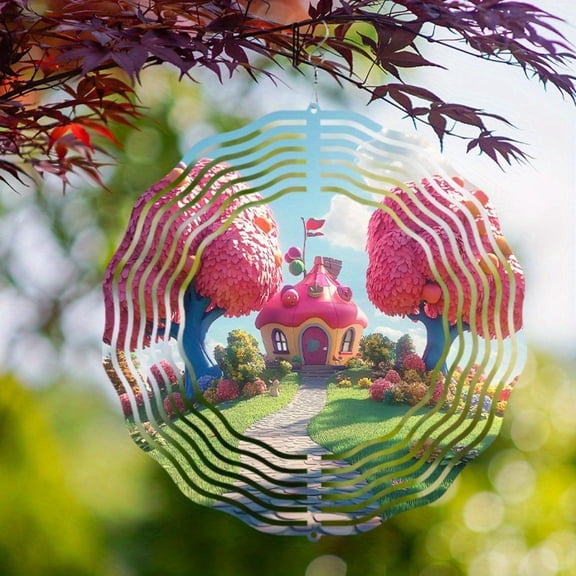 HELLOYOUNG 10 Inch Hanging Wind Spinner 360 Rotating Wind Chime Charming Cottage Pink Roof Red Ladder Artistic Metal Garden Decor for Patio Balcony Yard Outdoor All Seasons