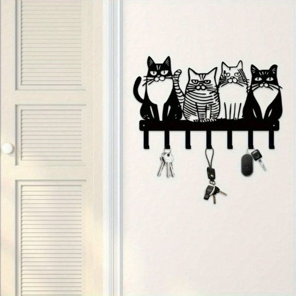 HELLOYOUNG 10 Inch Iron Painting Cat Wall Hooks Focusing on Functionality Metal Art with Classic Cat Pattern Create An Warm Atmosphere Multi Hook Storage Ideal for Living Room Bathroom