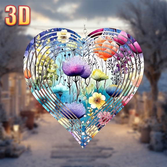 HELLOYOUNG 10-Inch Metal Heart Wind Spinner, 3D Garden Decor with Rotating Hook, Colorful Blooming Flowers for Outdoor Indoor Decoration, Wind Driven, No Batteries Required, Durable Steel, Easy Insta