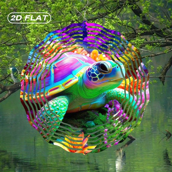 HELLOYOUNG 10 Inch Metal Rainbow Turtle Wind Spinner Iridescent Stained Glass Effect 2D Flat Wind Chimes for Outdoor Garden Decor No Electricity Needed Valentine Gift Patio Yard Balcony