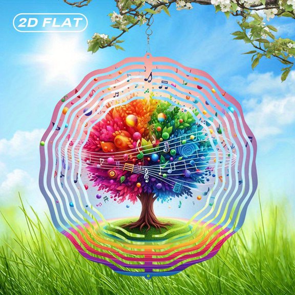 HELLOYOUNG 10 Inch Metal Wind Chime Rainbow Tree Stained Glass Music Notes Indoor Outdoor Garden Decor Gift