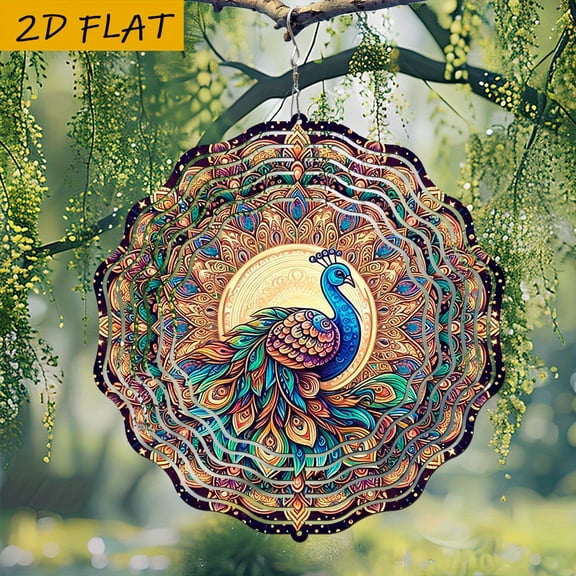 HELLOYOUNG 10 Inch Metal Wind Chimes, Colorful Mandala Peacock Fan, 2D Flat Rotating Hook Outdoor Decor, 360 Degree Creative Garden Art, Perfect Valentine Gift for Yard Lawn