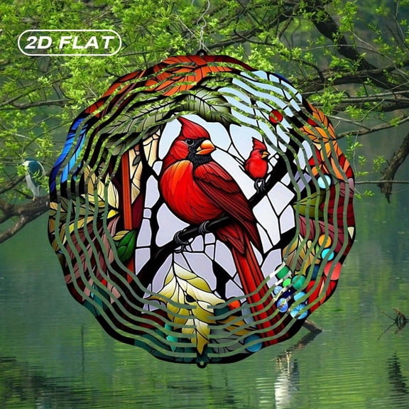 HELLOYOUNG 10 Inch Metal Wind Chimes for Outdoor Garden, Vibrant Stained Glass Bohemian Wind Spinner with Cardinal Birds Flat Wall Art Decor for Indoor Patio, Valentine Housewarming Gift