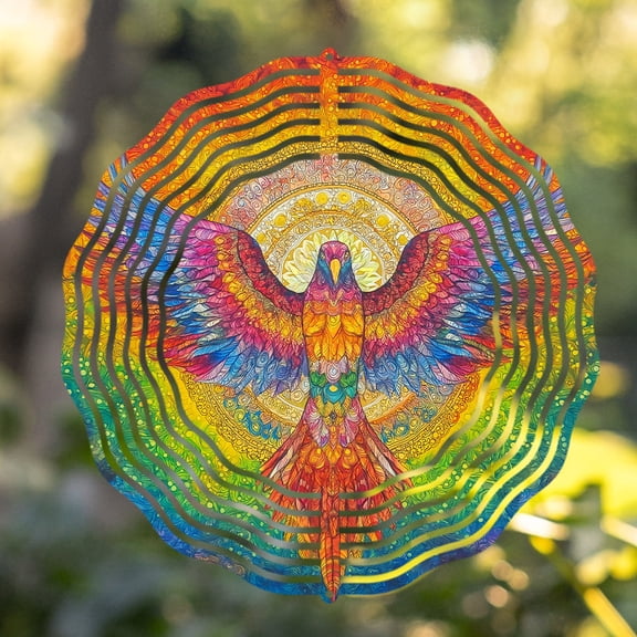 HELLOYOUNG 10 Inch Metal Wind Spinner, Vibrant Phoenix Outdoor Hanging Decor, 360 Rotating Mandala Art for Patio, Garden, Yard Gift