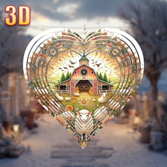 HELLOYOUNG 10-Inch Wind Spinner with Rotating Hook, 3D Farm Windmill with Sheep Flowers for Outdoor Garden, No Electricity Required Metal Yard Decoration for Wedding Beach Party, Heart Wind Chime Dec
