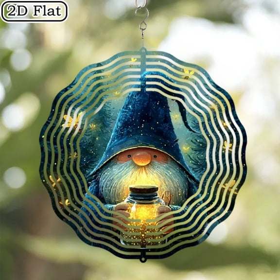 HELLOYOUNG 10" Large Metal Gnome Wind Chime, 360 Rotating Hook, Solar Powered Outdoor/Indoor Hanging Decor , Enchanted Gnome & Fireflies Design