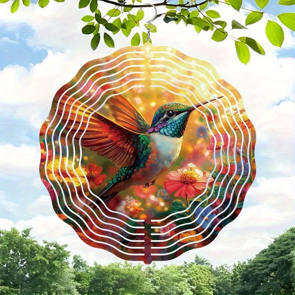 HELLOYOUNG 10in 2D Flat Hummingbird Wind Spinner Elegant Metal Hanging Decoration with Floral Accents Vibrant Red, Green, Blue Yellow, Purple for Indoor/Outdoor Garden, Patio,