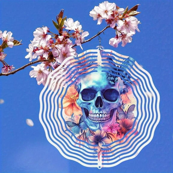 HELLOYOUNG 10in 360° Rotating Metal Wind Chime (Colorful Butterfly & Skull) | Indoor/Outdoor Decor | Ideal Halloween & Christmas Gift