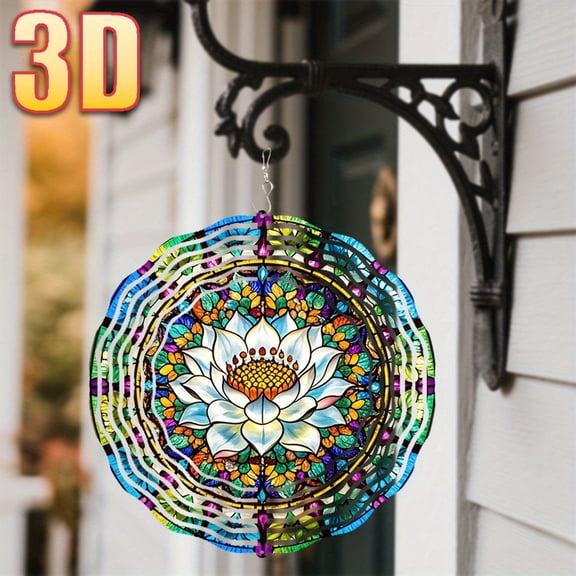 HELLOYOUNG 10in 3D Metal Lotus Wind Spinner Outdoor 360 Rotating Garden Art Colorful Mandala Hanging Decor for Yard Patio