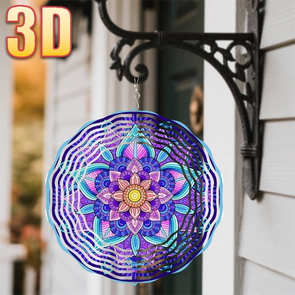 HELLOYOUNG 10in Blue Purple Mandala 3D Wind Chime, 360 Rotating Sun Catcher Hook, DIY Metal Art Door Hanging Decor for Garden Patio