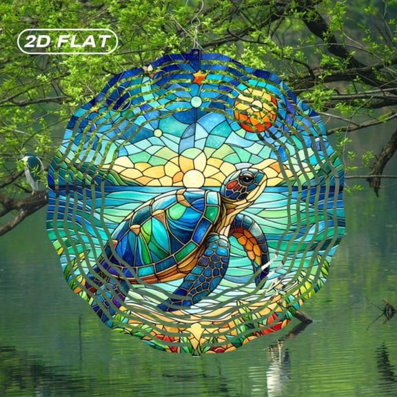 HELLOYOUNG 10in Bohemian Metal Sea Turtle Sun Catcher Wind Chime, 2D Flat Iron Wind-powered Rotator Indoor Outdoor Garden Patio Decor