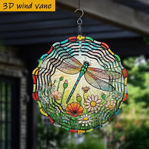 HELLOYOUNG 10in Dragonfly Flower Spinner, Colorful Hanging Sun Catcher Color Atmosphere Pendant Garden Wind Spinner for Outdoor Decor, Metal Wind Spinner for Yard and Patio