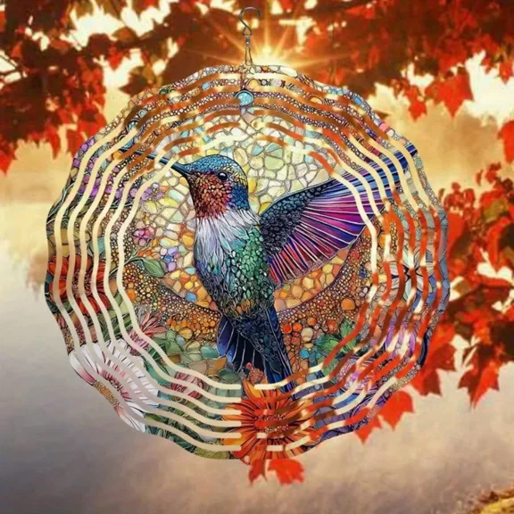 HELLOYOUNG 10in Hummingbird Glass Wind Spinner  Vibrant Garden & Home Decor, Kinetic Wind Chime with Floral Motifs, Indoor Wind-powered Automatic Spinner