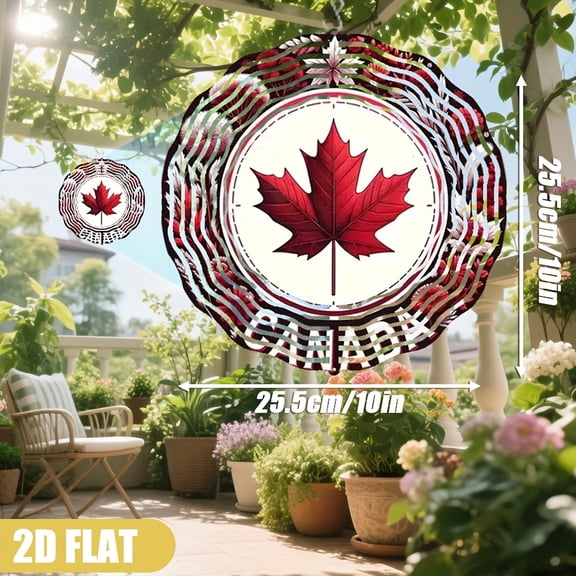HELLOYOUNG 10in Red Maple Leaf & Floral Metal Wall Art Porch Door Hanging Canadian-Inspired Creative Wind Spinner for Garden Patio, Outdoor Patio Decor, Entryway Decoration, Canadian Themed Art