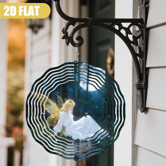 HELLOYOUNG 10in Royal Wing Fairy Moonlight Forest 360 Rotating Metal Wind Chime - 2D Flat  Wind-powered Pendant Wind Chimes Garden Decor for Indoor Outdoor Wedding