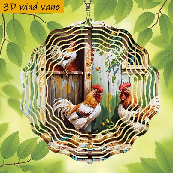 HELLOYOUNG 10in Two Roosters Are Standing Outside The Chicken Coop with Swivel Hook 360 Creative Wind Chime Rainbow Style 360 Rotating Hook Garden Courtyard Wind Spinner