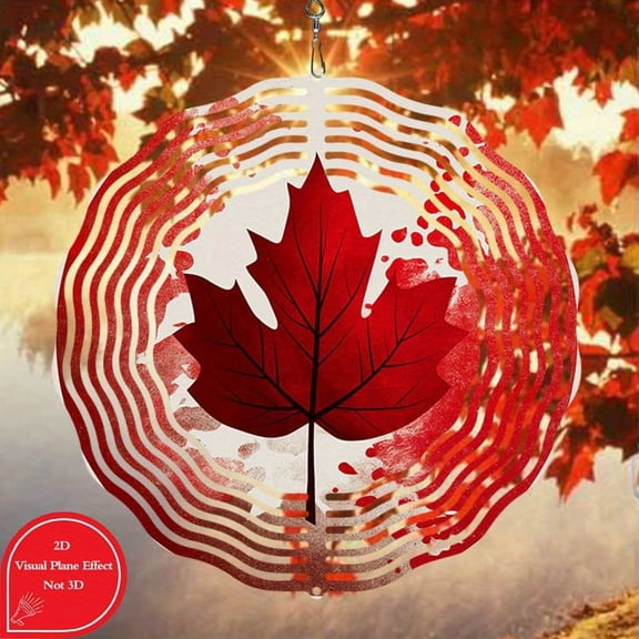 HELLOYOUNG 10inch 3D Maple Leaf Wind Chime - Metal Red & Blue Striped Design. Wind-Activated Spinning Holiday Gift for Home & Patio. Indoor/Outdoor Garden Decor, Festive Hanging Ornament.