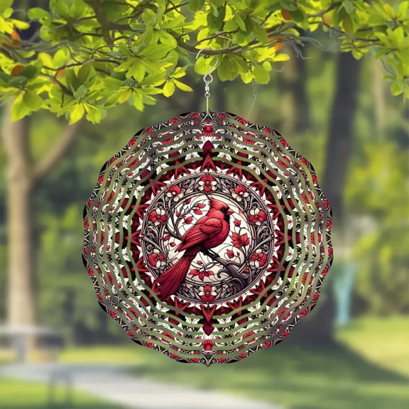 HELLOYOUNG 10inch Cardinal Wind Spinner  Hanging Kinetic Garden Decor Rotating Hook Atmosphere Pendants Metal Art Geometric Pattern Red White Design Indoor Outdoor Housewarming Gift Wind Chime