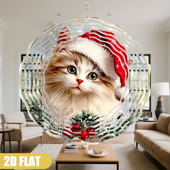 HELLOYOUNG 10inch Christmas Cat Decorative Plate Hanging Ornament Rotating Hat Kitten Required for Indoor/Outdoor Doors, Walls, Gardens - Pet Lover Gift, Holiday Decoration, Christmas Ornament