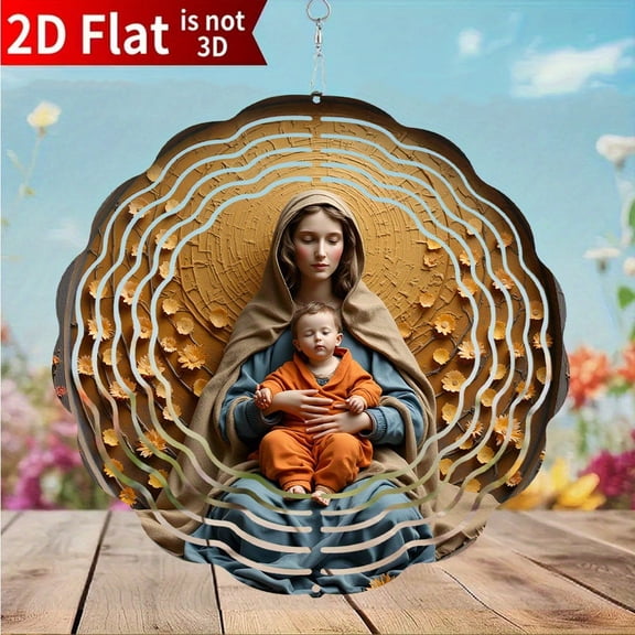 HELLOYOUNG 10inch Double-Sided Metal Wind Chime - Serene Virgin Mary & Baby Jesus with Autumn Leaves & Floral Backdrop for Christian Devotees, Christmas, Easter & Baptism Gifts, Wind Chimes