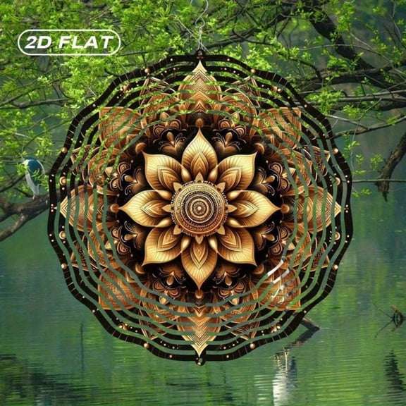 HELLOYOUNG 10inch Flat Bohemian Golden Mandala Wind Spinner Metal Suncatcher Outdoor Wind Chime for Garden, Patio, Yard Decor, Holiday Gift Christmas, Halloween, Easter