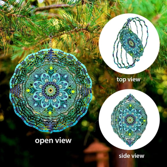 HELLOYOUNG 10inch Hanging Wind Spinner Metal Wind Sculpture Ornament Decoration for Home Yard Garden Patio Balcony Indoor Outdoor - Teal Blue Green Mandala Vintage
