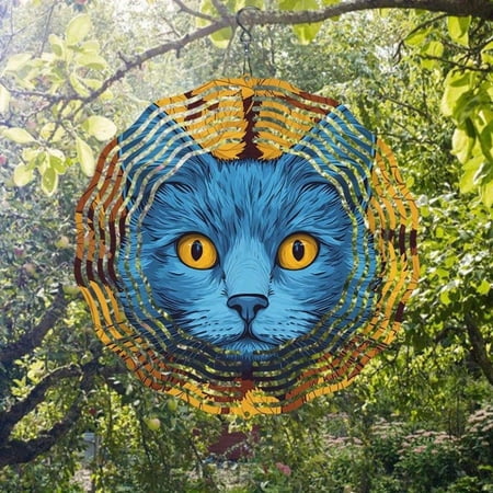 HELLOYOUNG 10inch Mandala Metal Wind Chime with Blue Falling Leaf Kitten Design – 360° Rotating Hook Hanging Circle Decor Dynamic Wind Chimes Sway in The Wind Patio, Yard, Outdoor & Garden Stuff