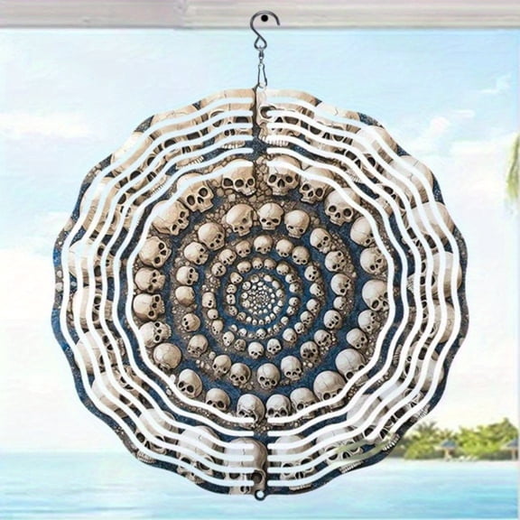 HELLOYOUNG 10inch Metal Skull Vortex Spiral Wind Chime Outdoor Hanging Decor for Garden Patio Balcony Gothic Art with Intricate Design Mystical Craftsmanship No Electricity Needed
