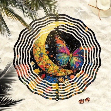 HELLOYOUNG 10inch Moonlit Butterfly Garden Wind Spinner Outdoor Decor with Vibrant Crescent Moon and Floral Design Dynamic Rotating Wind Chime for Patio Thanksgiving Holiday.Wind Chime