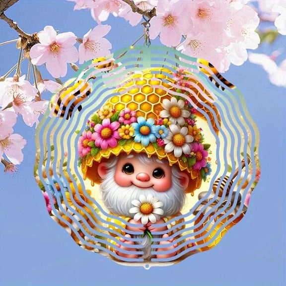 HELLOYOUNG 10inch Rotating Wind Chime 2D Metal Honey Gnome and Floral Bees Garden Decor Outdoor Kinetic Wind Spinner Durable Yard Art Gift for Patio Garden.Wind Chime