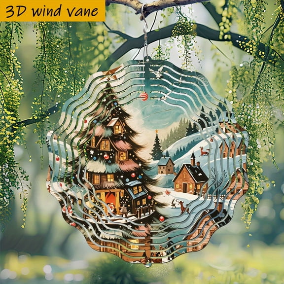 HELLOYOUNG 10inch Snowy Village Under The Christmas Tree Rotating Wind Mill Decoration Creative Design Mandala Wind Chimes for Garden and Patio Wind-powered Automatic Spinner