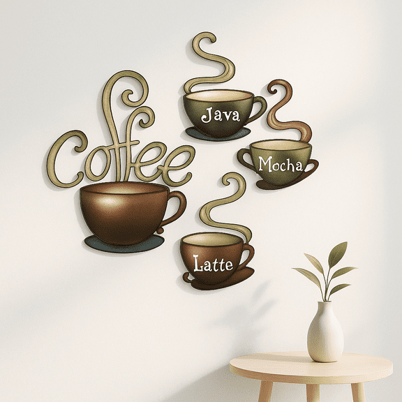 HELLOYOUNG 11.4 Inch 4pcs Rustic Metal Coffee Mug Wall Art -Vintage Decor Signs with Steaming Mugs, Latte American-Themed Kitchen & Living Room Wall Sculptures, Farmhouse Style Handcrafted Sculpture