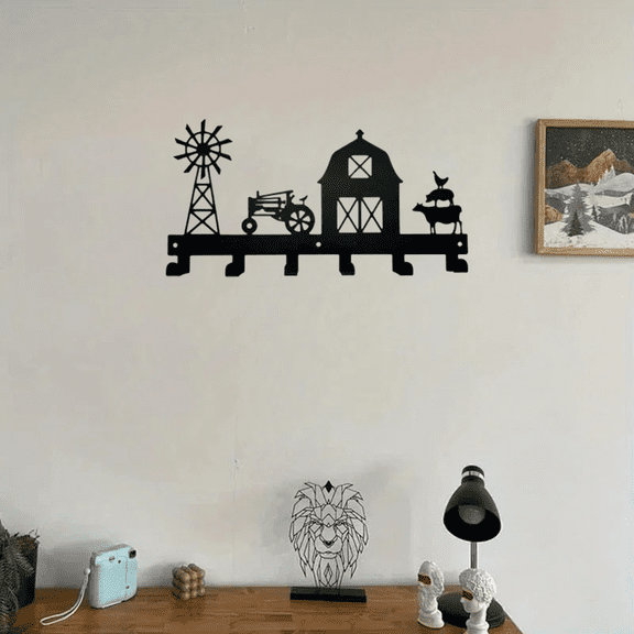 HELLOYOUNG 11.57- Inch Rustic Farmhouse Windmill Iron Painting Wall Hooks Vintage Tractor Barn Silhouette Art Prints Multi - Hook Storage Ideal for Entryway Garage Enhance Country Luxury