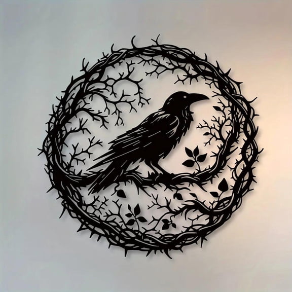 HELLOYOUNG 11.8 Inch Gothic Raven on Branch Metal Wall Art Black Vintage Crow Plaque, Dark Academia Decor for Living Room Bedroom, Halloween Christmas Gift Sculpture