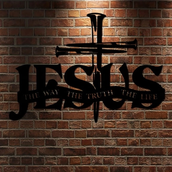 HELLOYOUNG 11.8 - Inch Metal Jesus Wall Art Ornament Horizontally Oriented Cross Religious Symbol with Cross Truth Life Scripture Christian Faith Metal Sign Decorative Wall Panels
