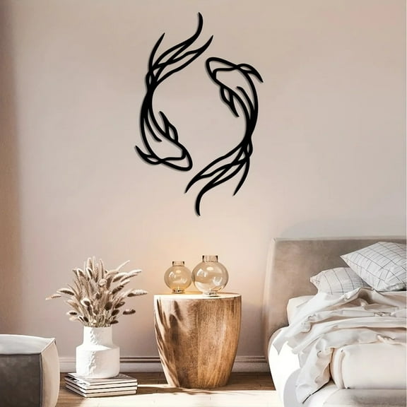 HELLOYOUNG 11.8 inch 2pcs Feng Fish Metal Wall Art Decoration Iron Drawings Wall Hanging for Entrance/Bathroom Abstract Art Hide defects Home Decoration