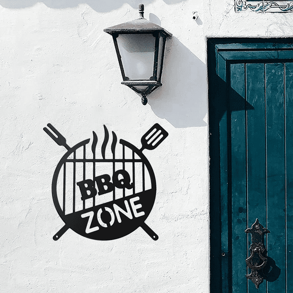 HELLOYOUNG 11.8 inch BBQ Zone Sign Metal Round Grill Sign Wall Decor Drawings Wall suitable for Kitchen/Garden Outdoor scenes Classic pattern